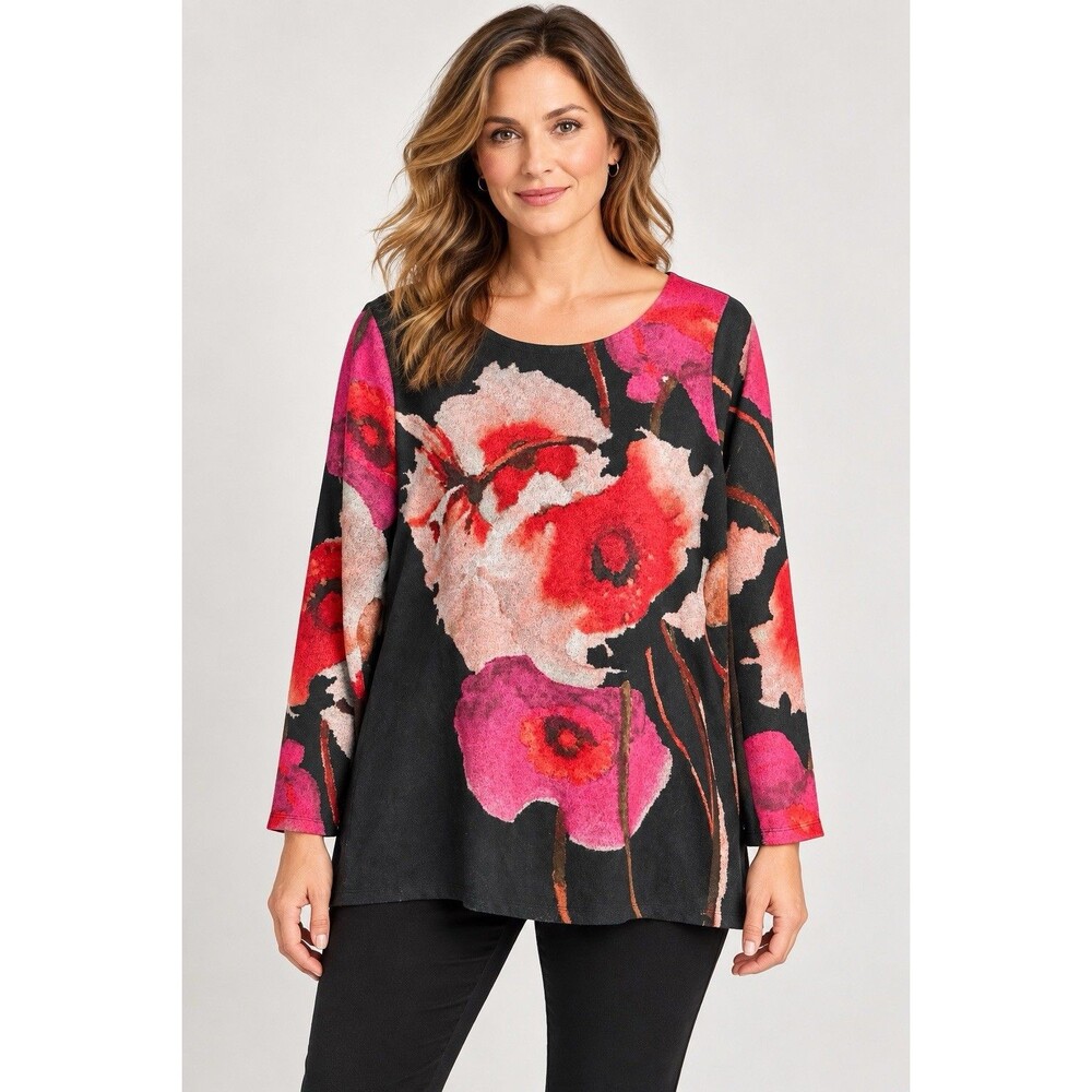 Soft Surroundings Floral Tunic Top Womens Medium Black Pink Red Long Sleeve Knit
